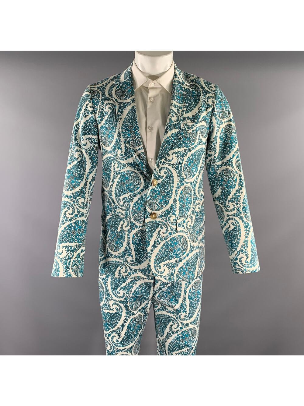 MR TURK Chest Size 40 White Blue Paisley Cotton Blend Notch Lapel 34 28 Suit